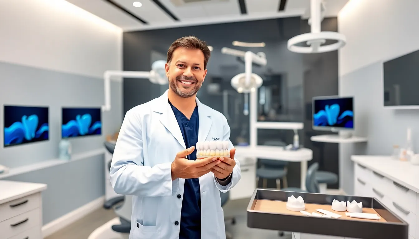 dentist shows a dental crown in a modern clinic setting
