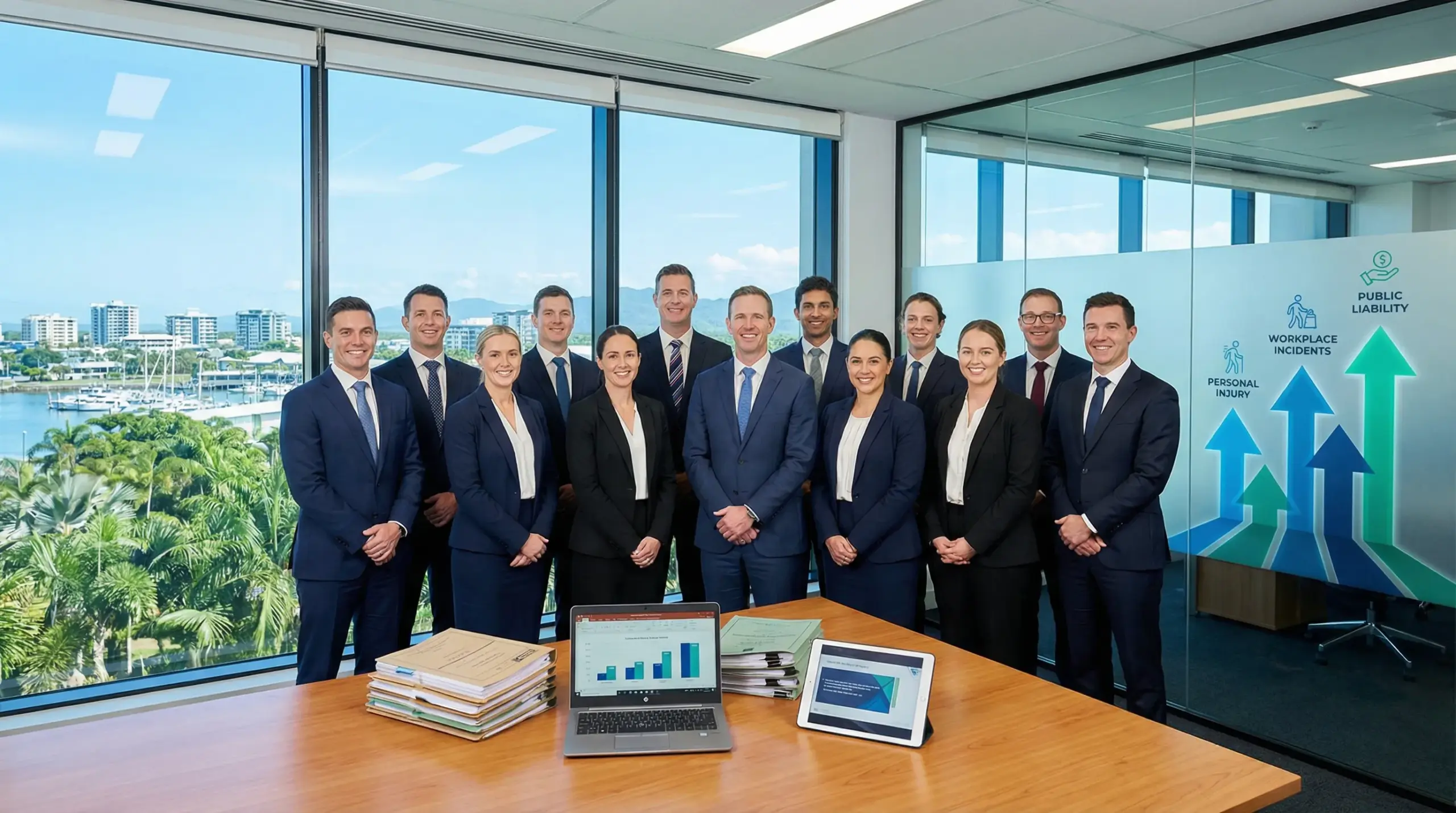 group of lawyers in a modern office with cairns city views