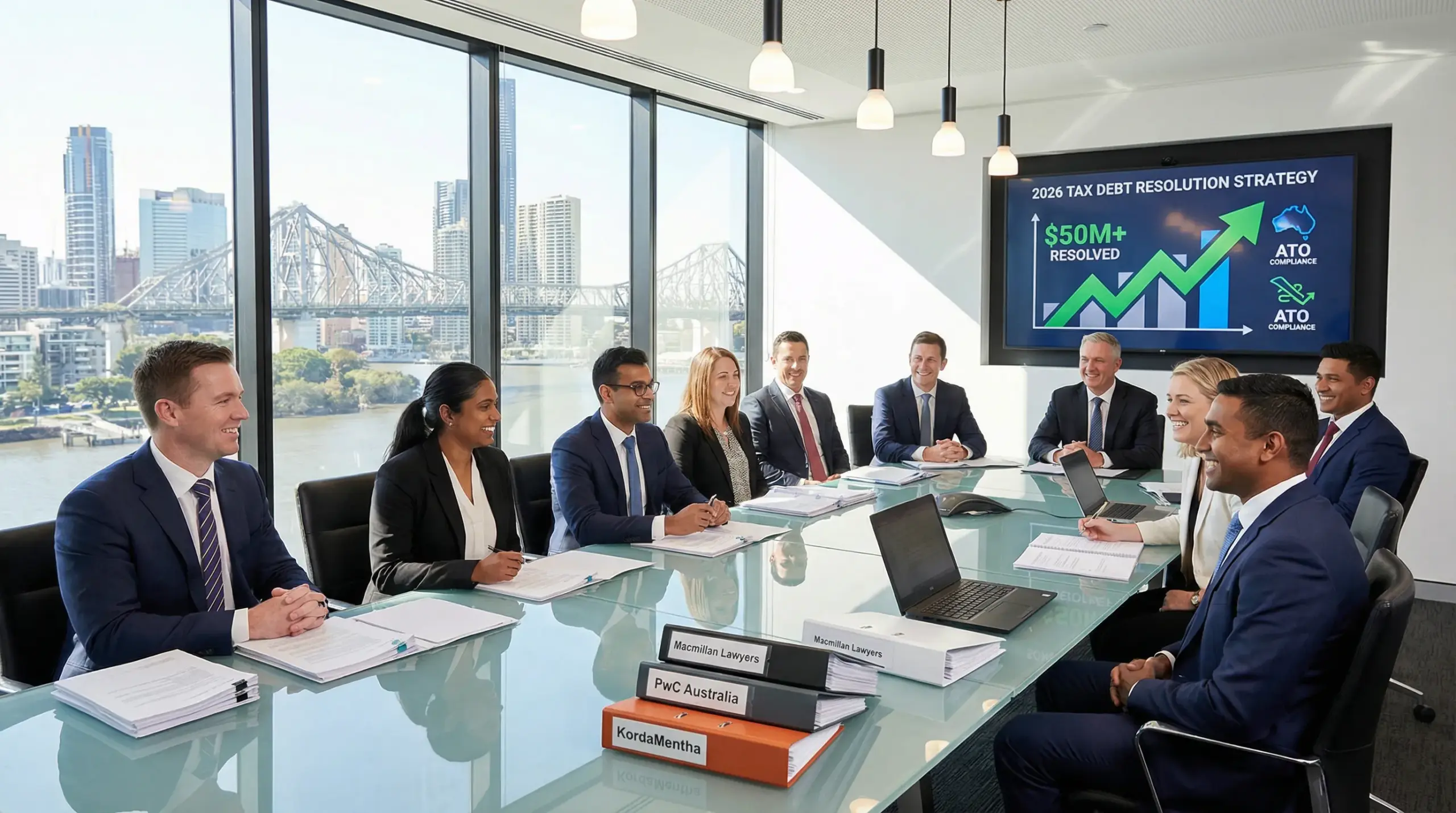 nine tax specialists meeting in a modern brisbane office