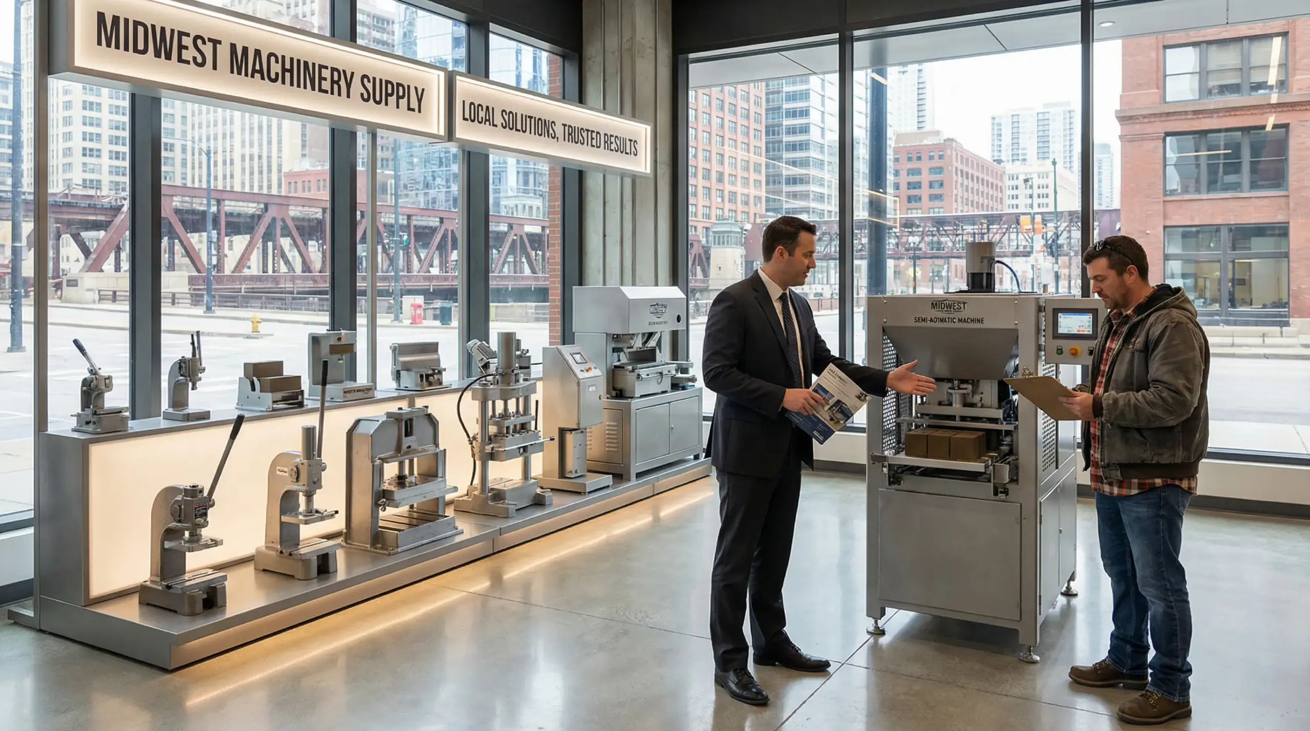 professionals inspecting brick machines in a modern showroom