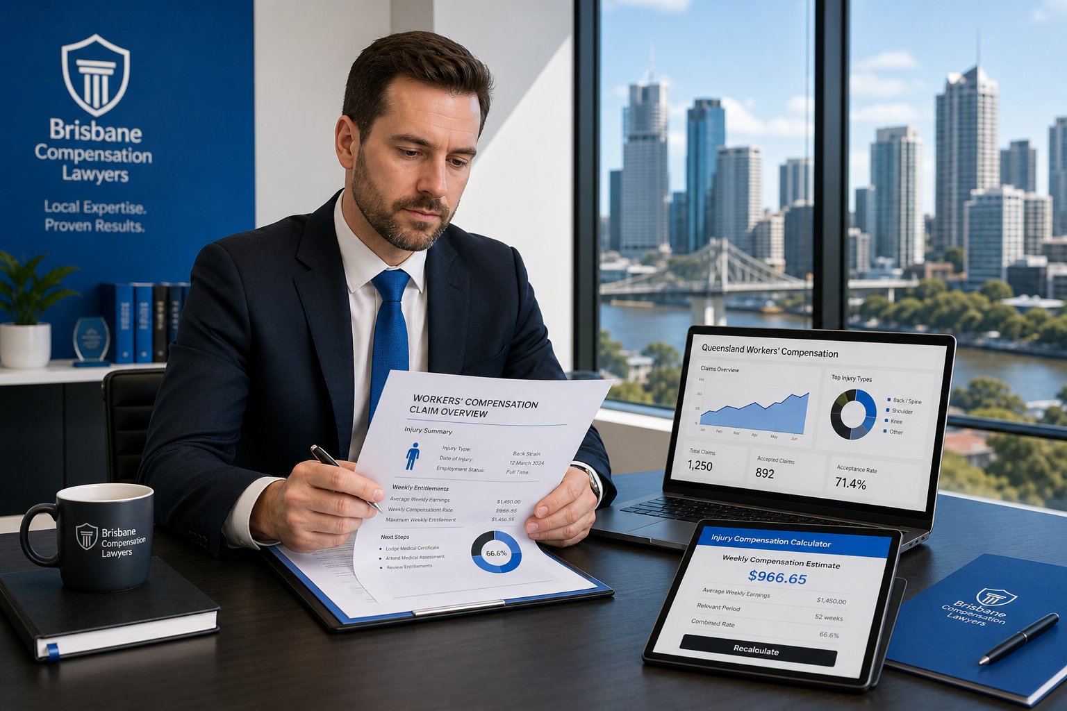 brisbane lawyer reviewing workers compensation calculator in modern office